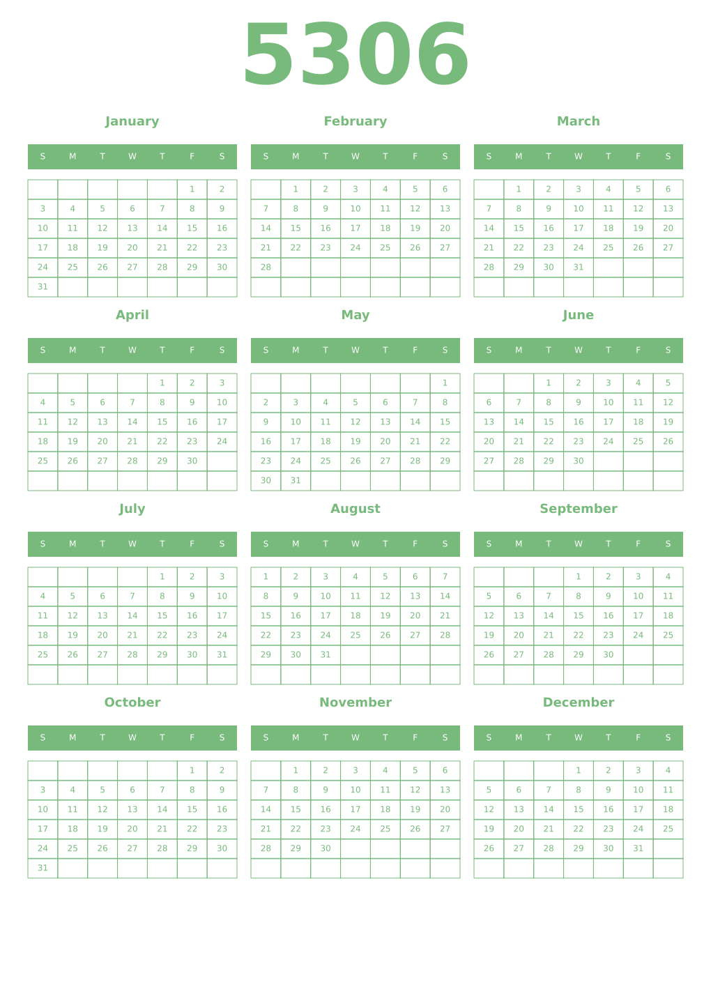 Printable 5306 Year Calendars celadon