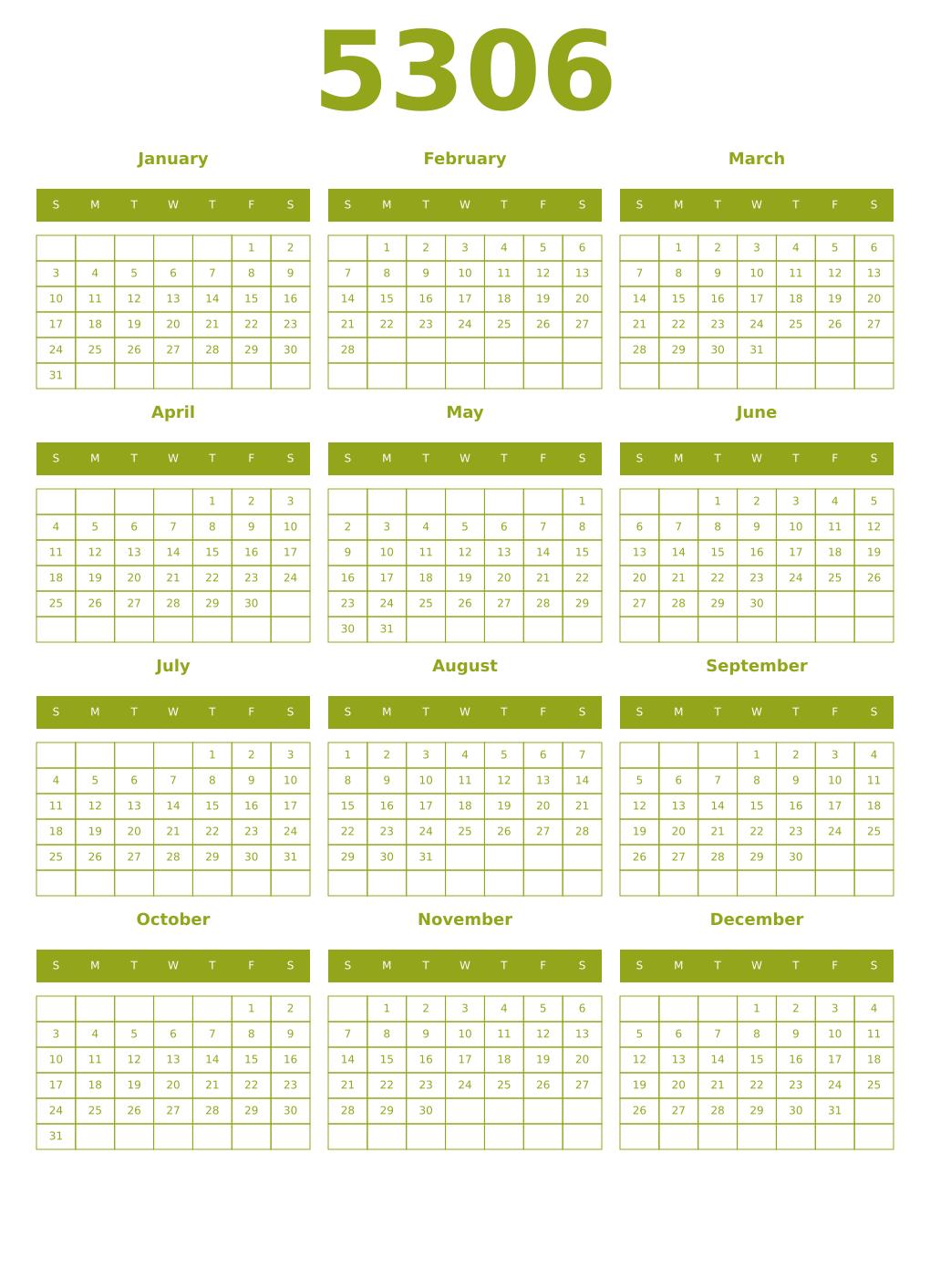 Printable 5306 Year Calendars chartreuse