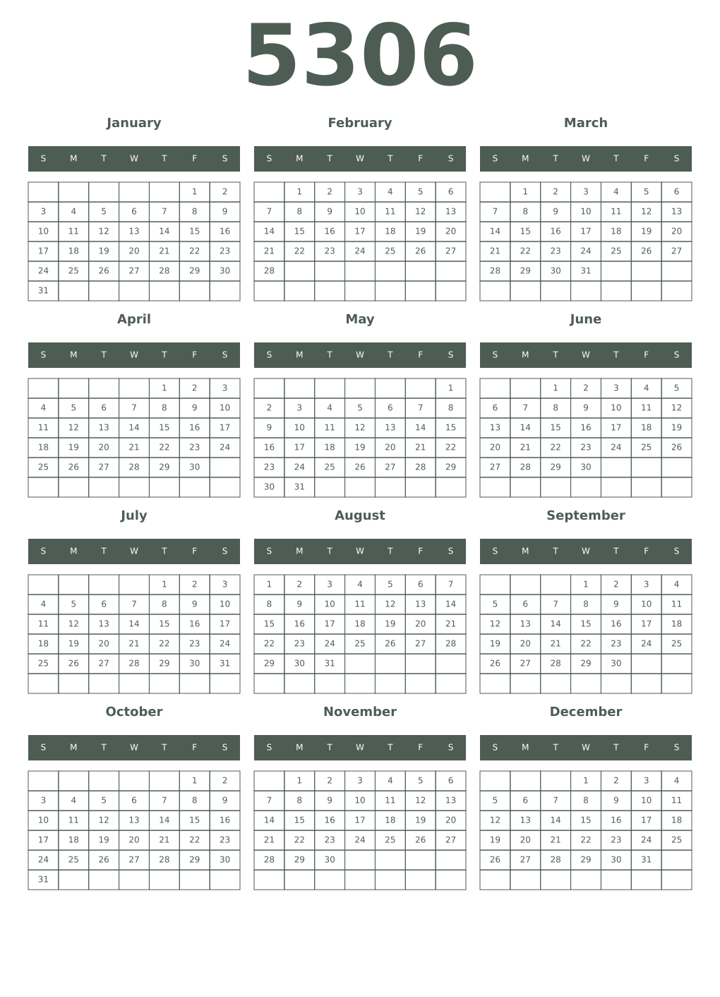 Printable 5306 Year Calendars feldgrau