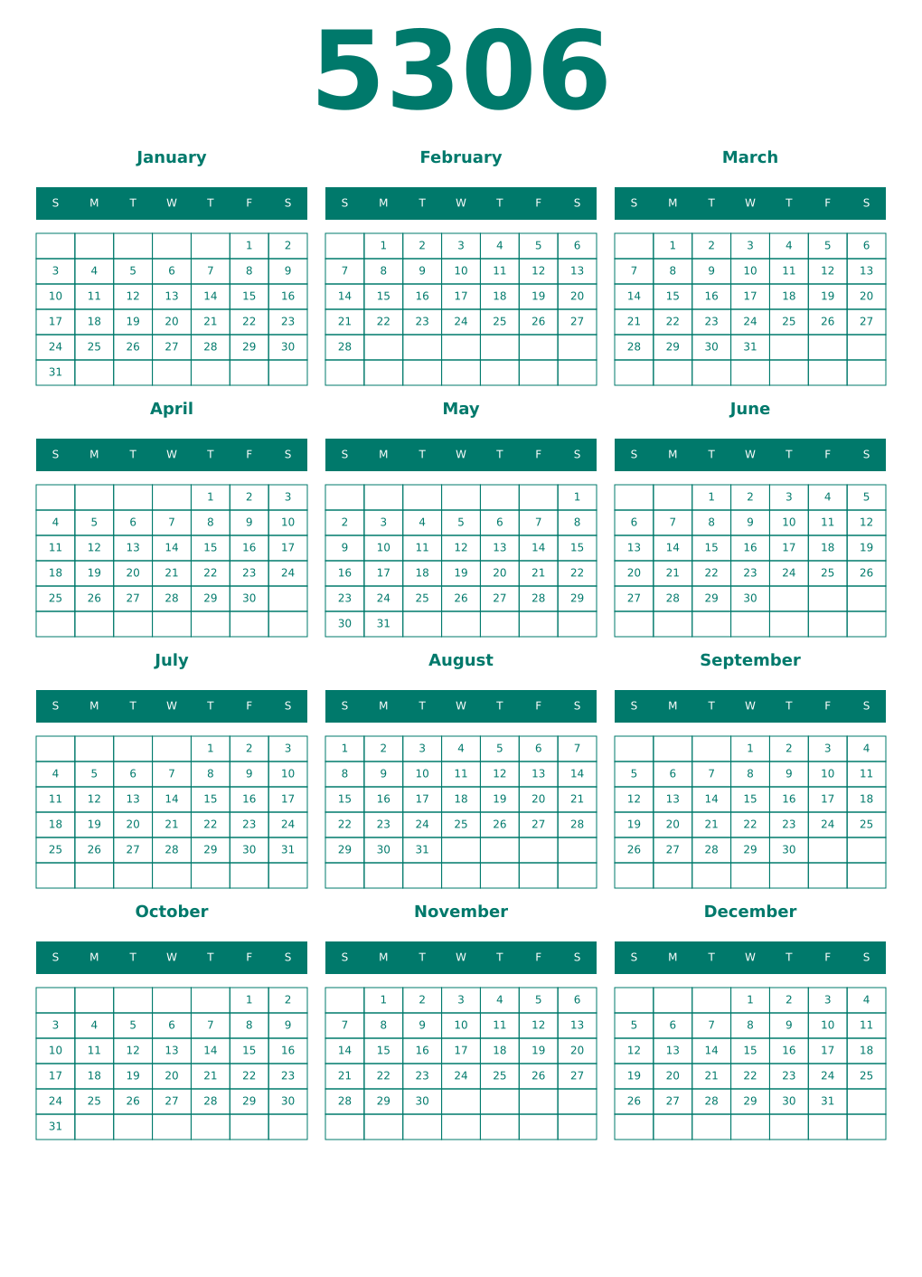 Printable 5306 Year Calendars pastel