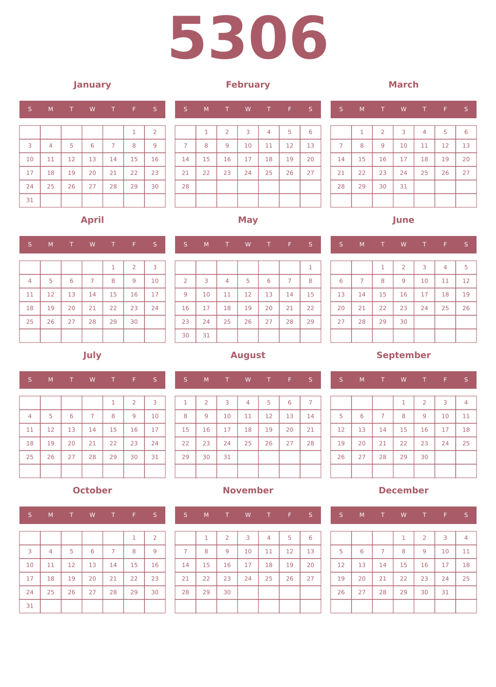 Printable 5306 Year Calendars puce