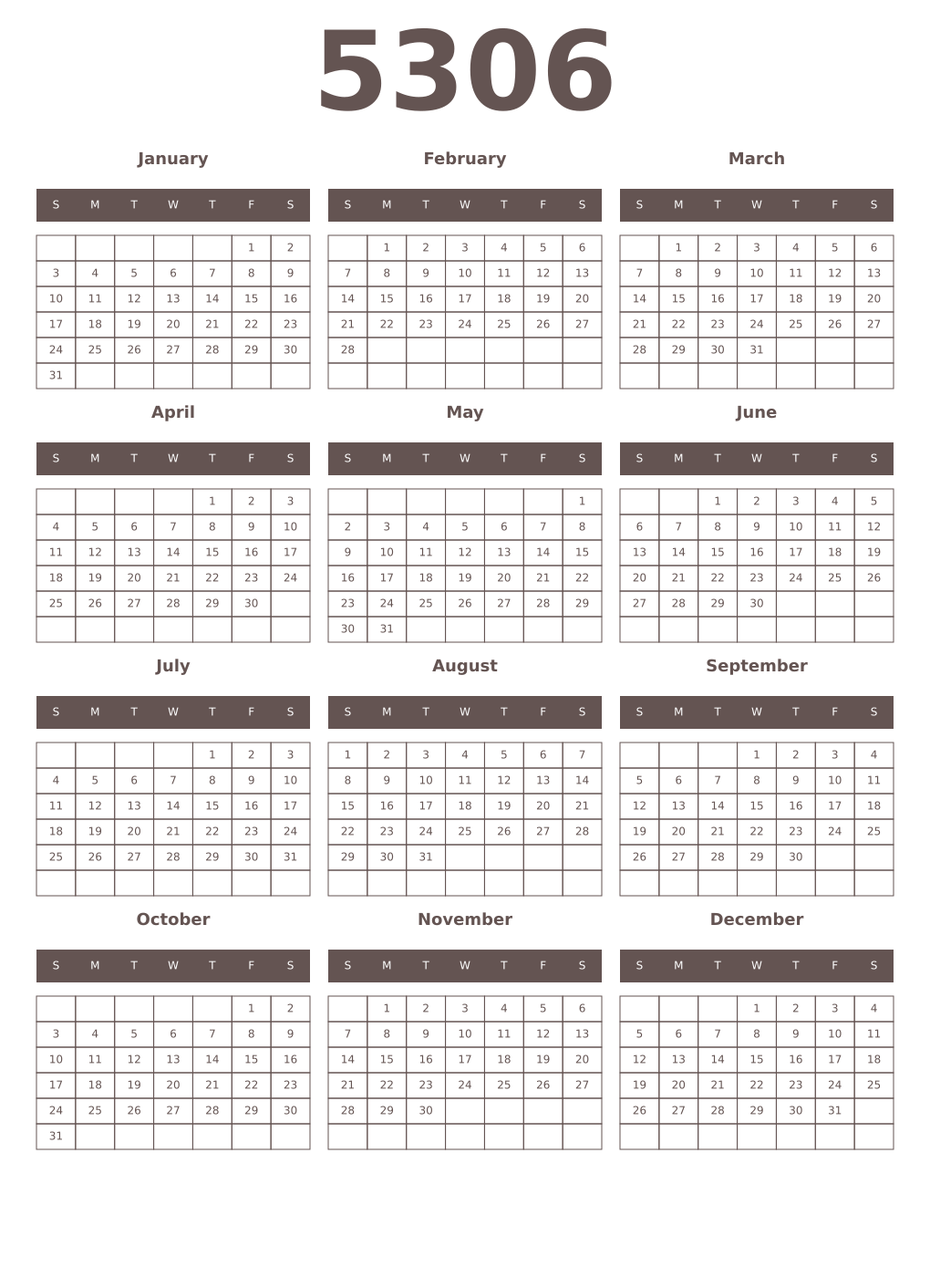 Printable 5306 Year Calendars wenge