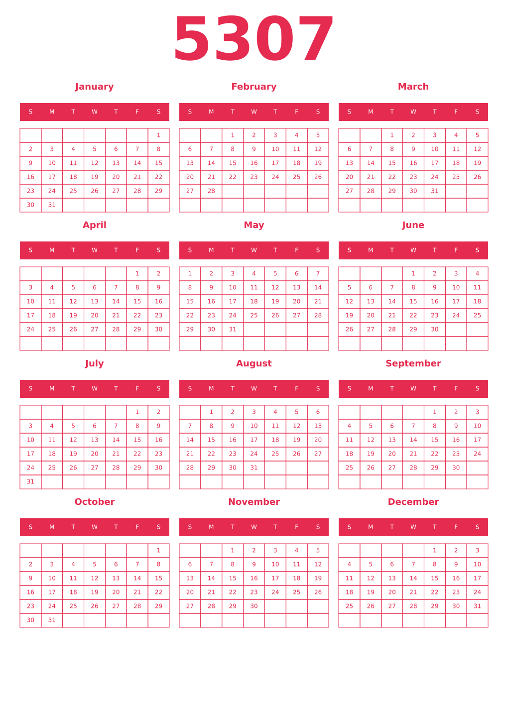 Printable 5307 Year Calendars amaranth