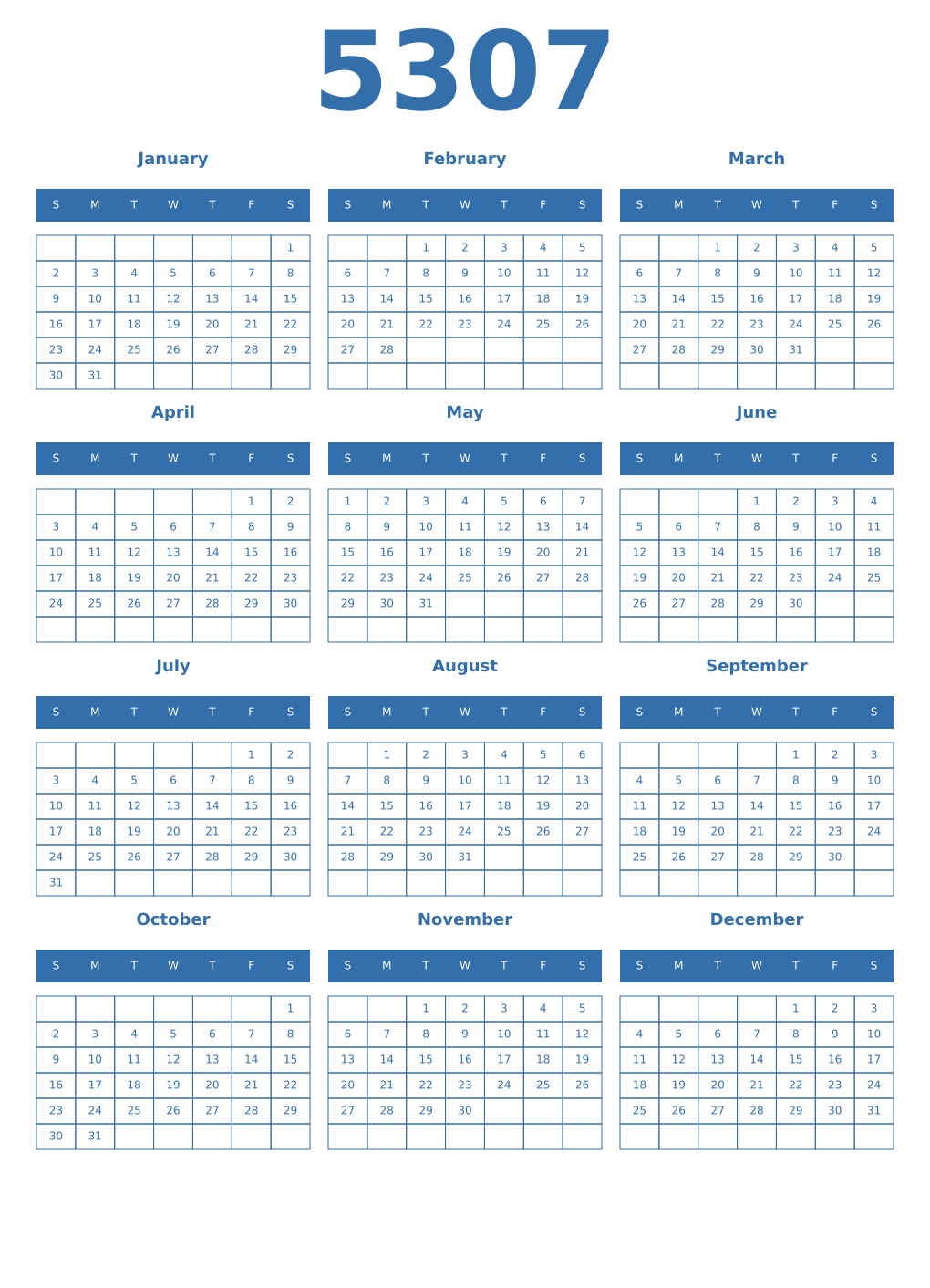 Printable 5307 Year Calendars blue