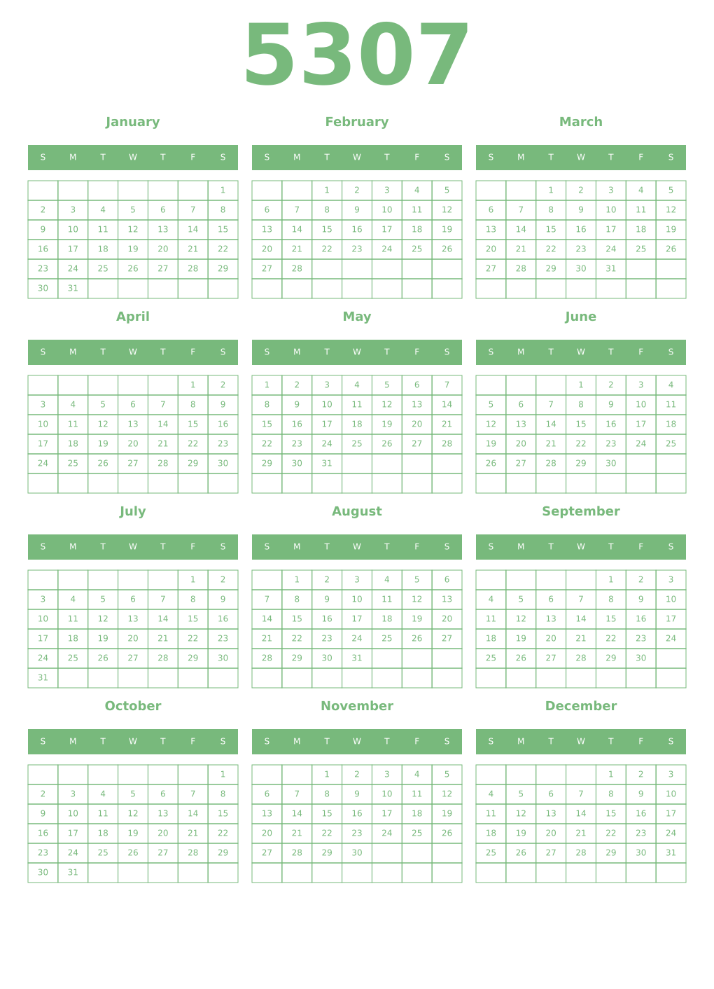 Printable 5307 Year Calendars celadon