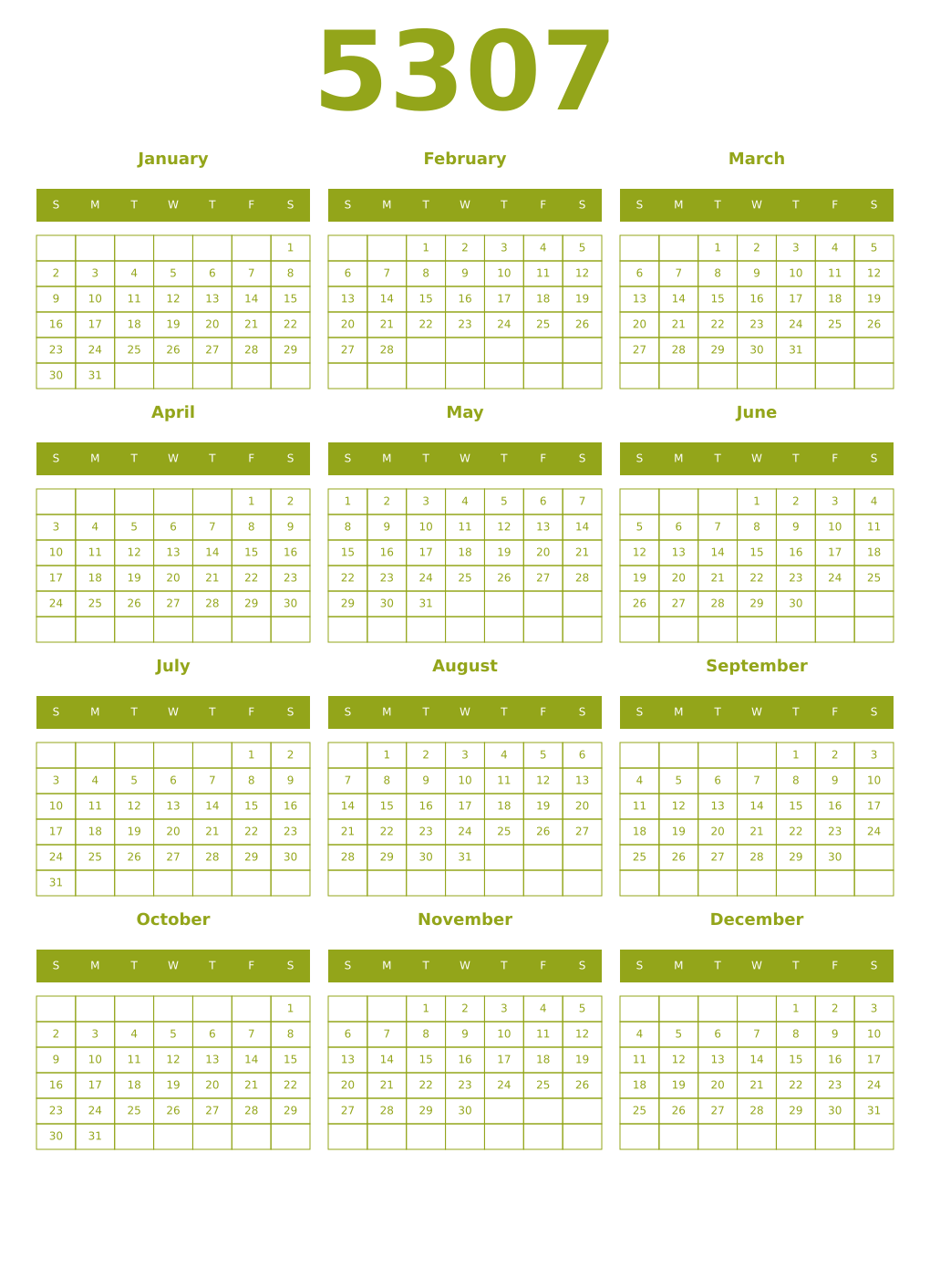 Printable 5307 Year Calendars chartreuse