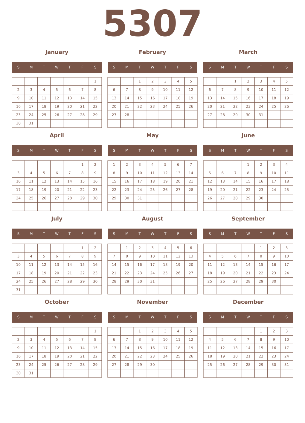 Printable 5307 Year Calendars coffe