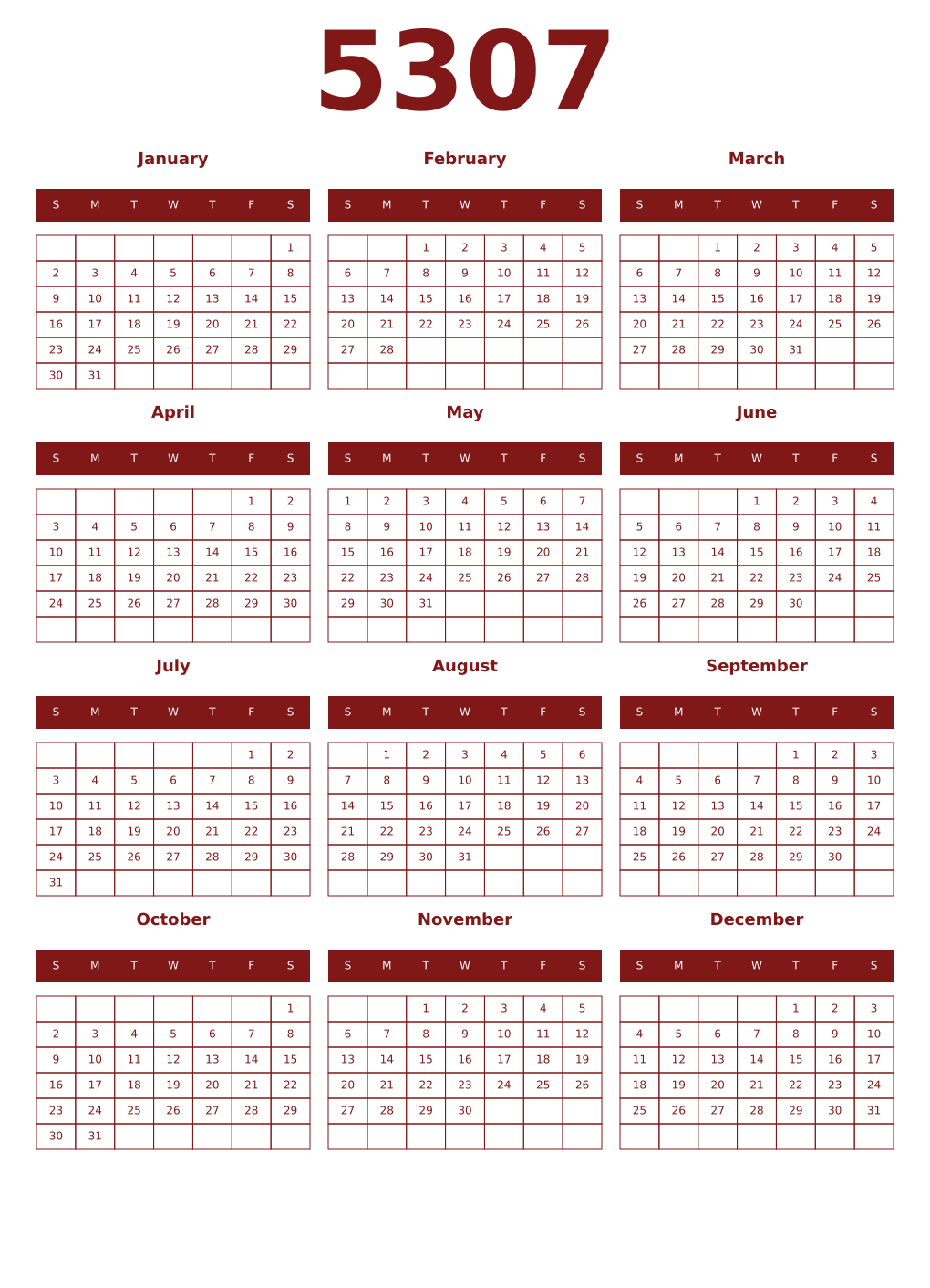 Printable 5307 Year Calendars falu