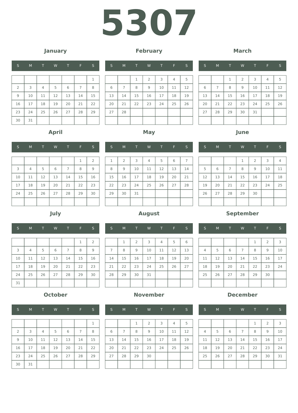 Printable 5307 Year Calendars feldgrau