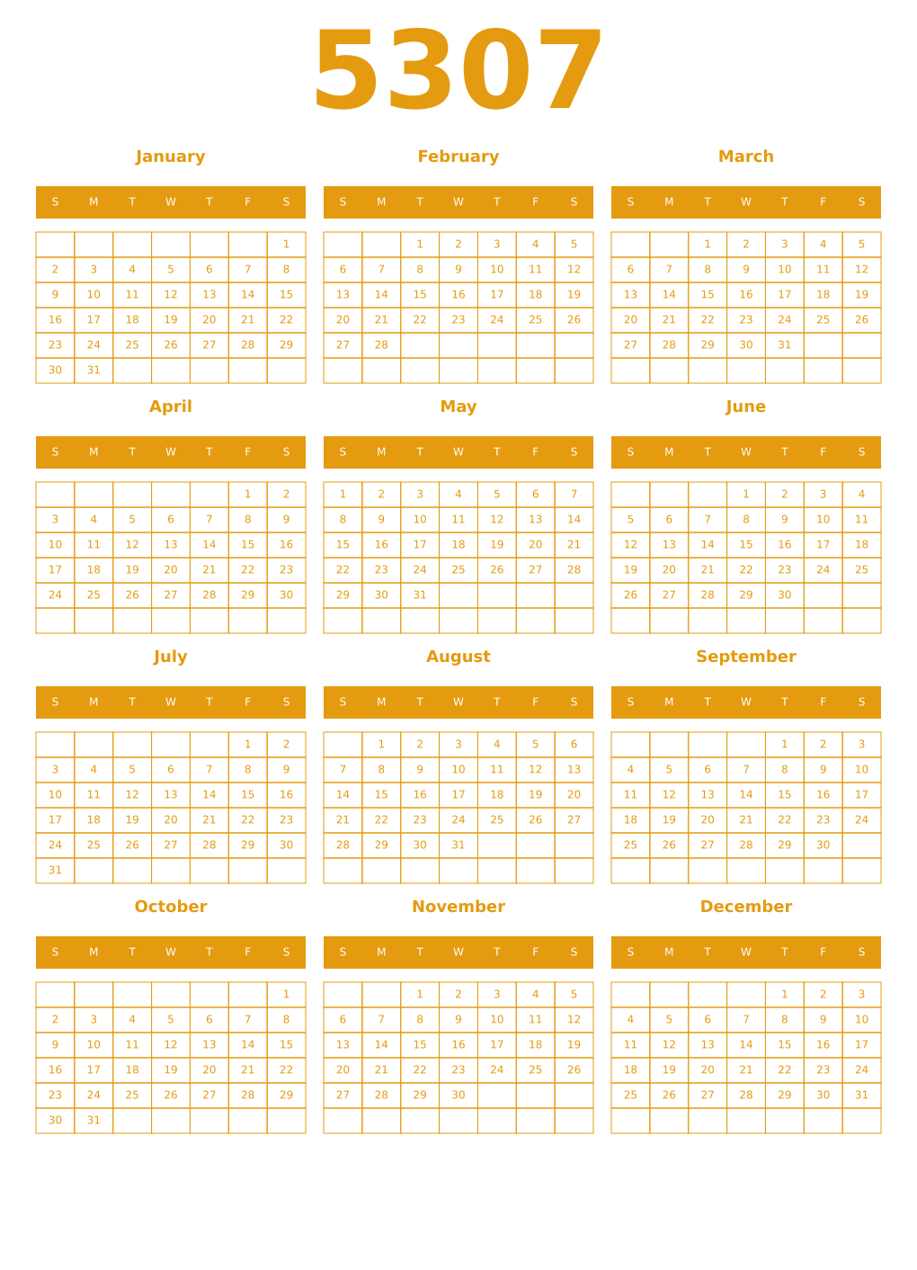 Printable 5307 Year Calendars gamboge