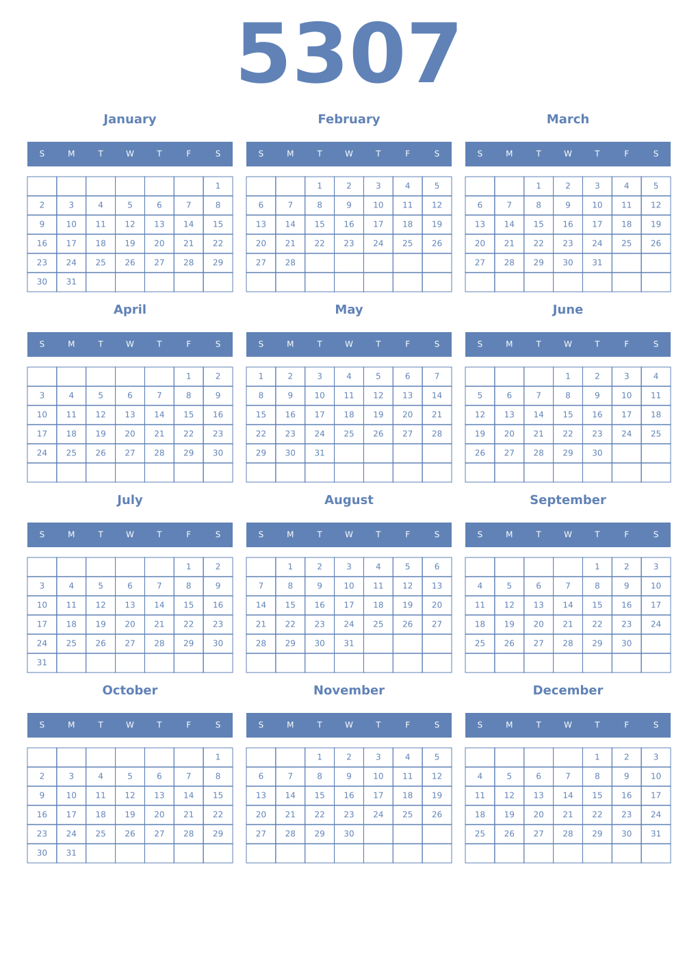 Printable 5307 Year Calendars glaucous