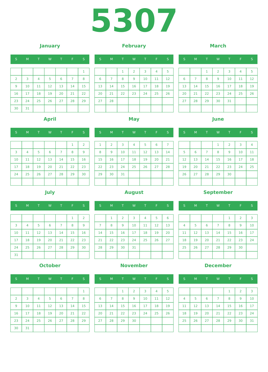 Printable 5307 Year Calendars green