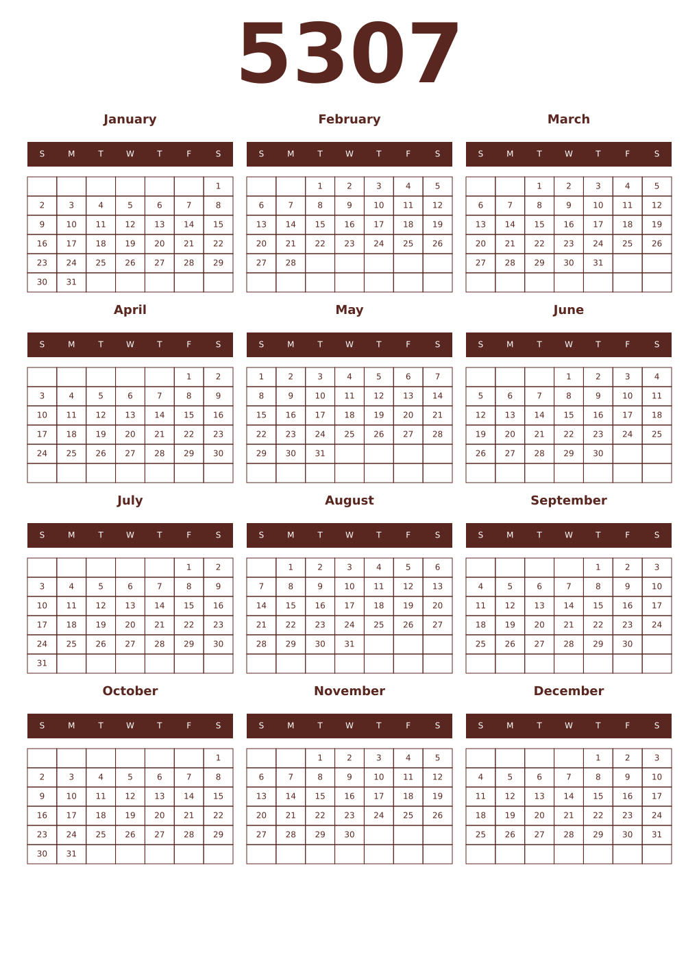 Printable 5307 Year Calendars mortuum
