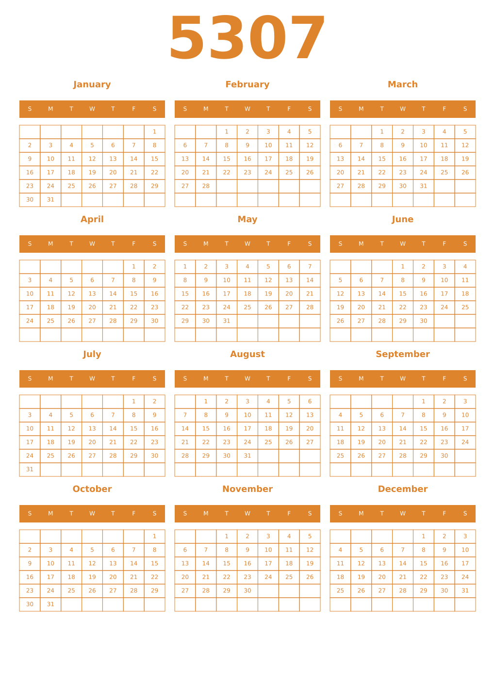 Printable 5307 Year Calendars orange