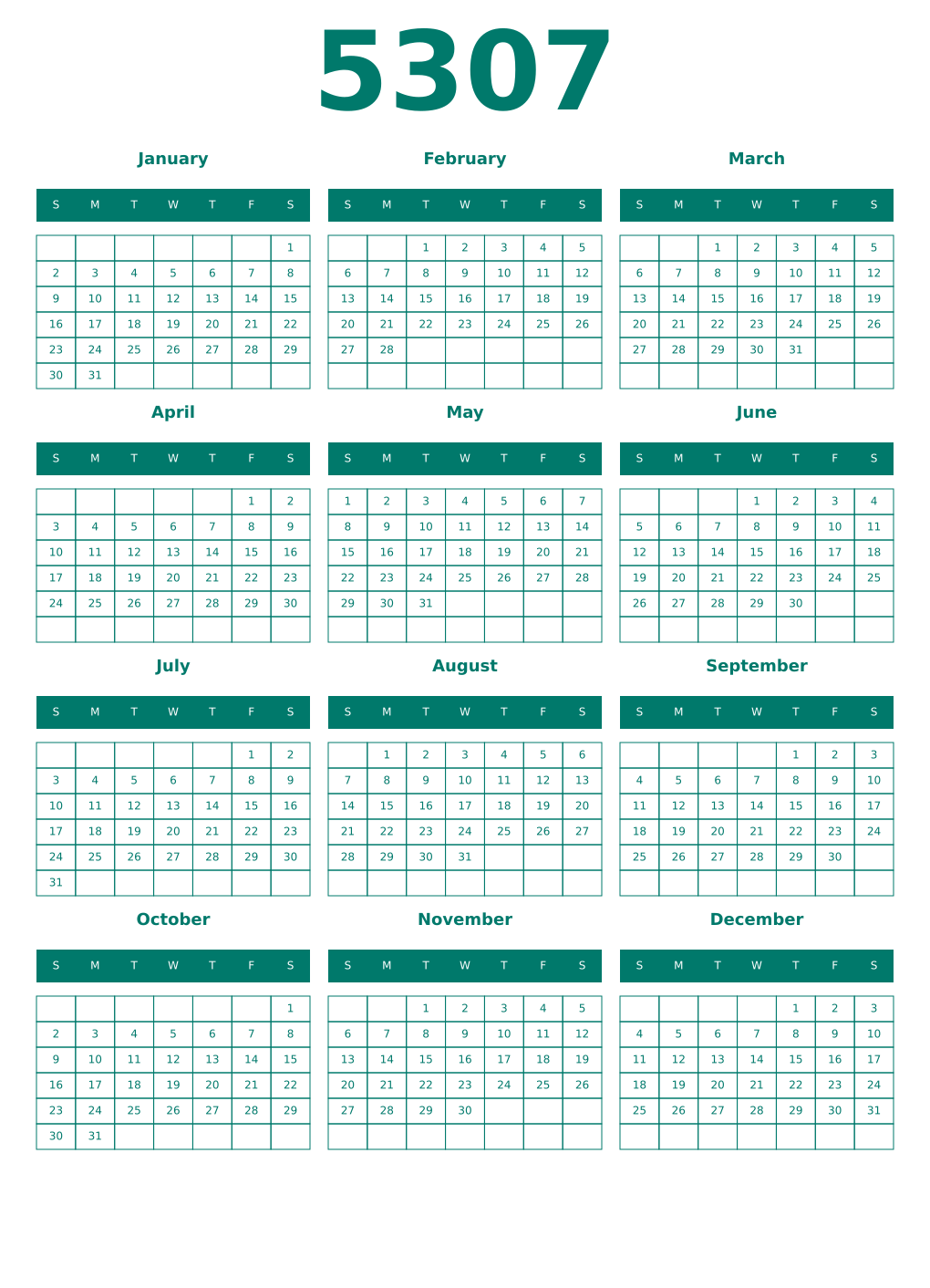 Printable 5307 Year Calendars pastel