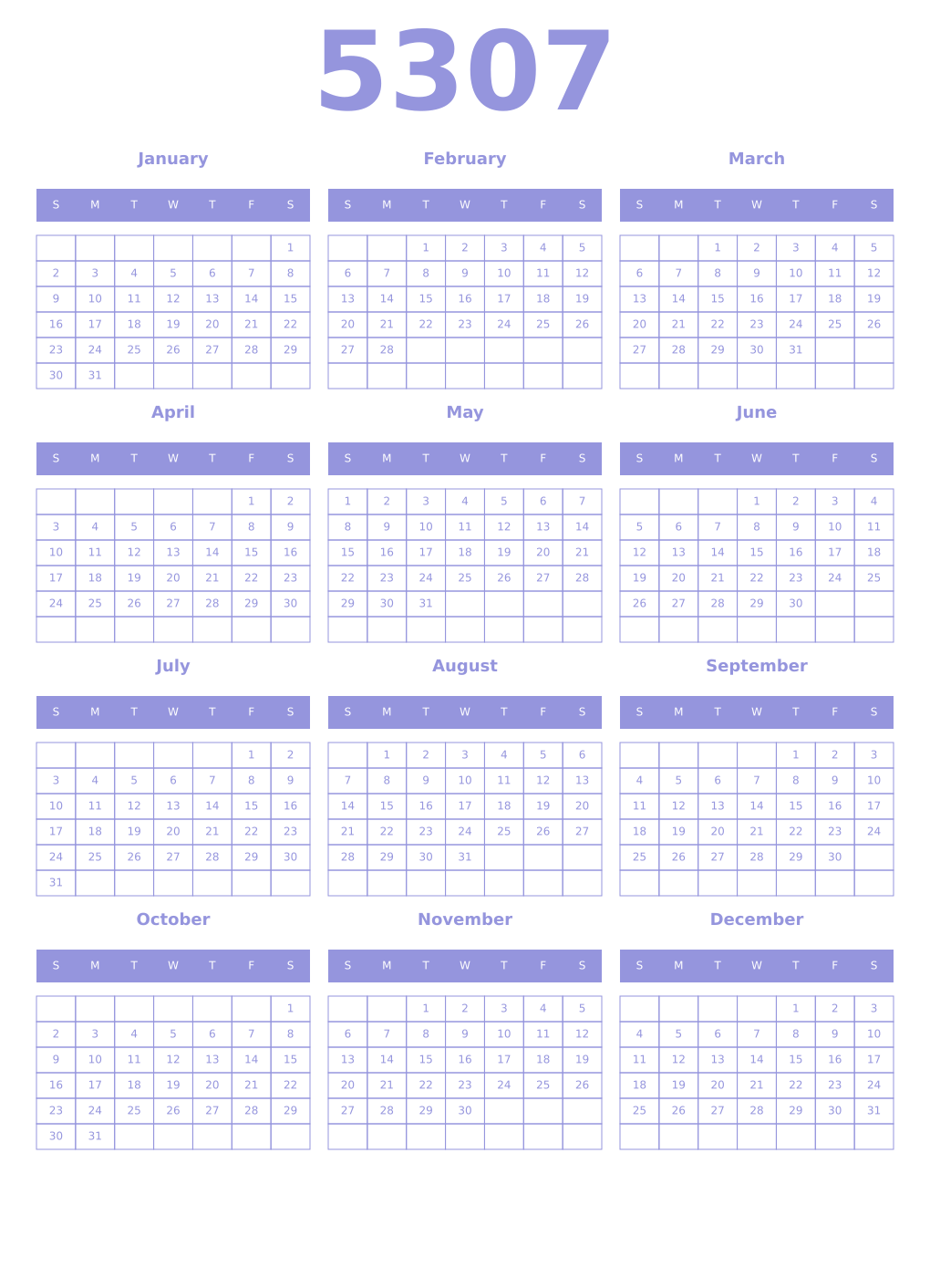 Printable 5307 Year Calendars periwinkle