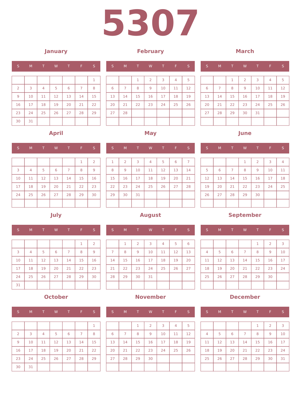 Printable 5307 Year Calendars puce