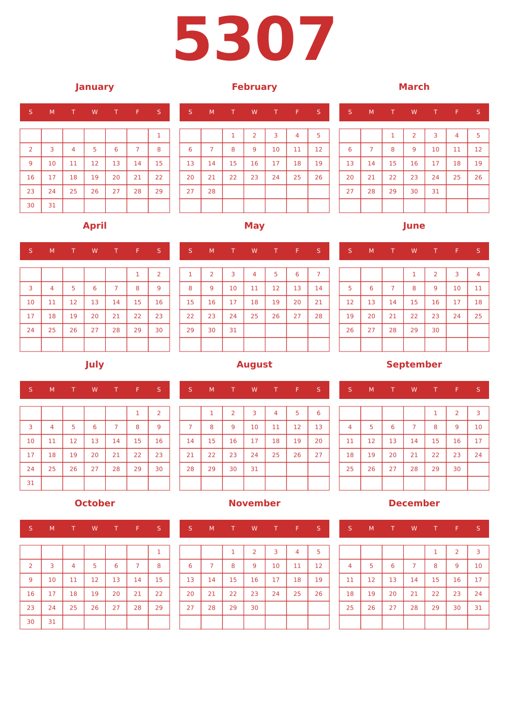 Printable 5307 Year Calendars red