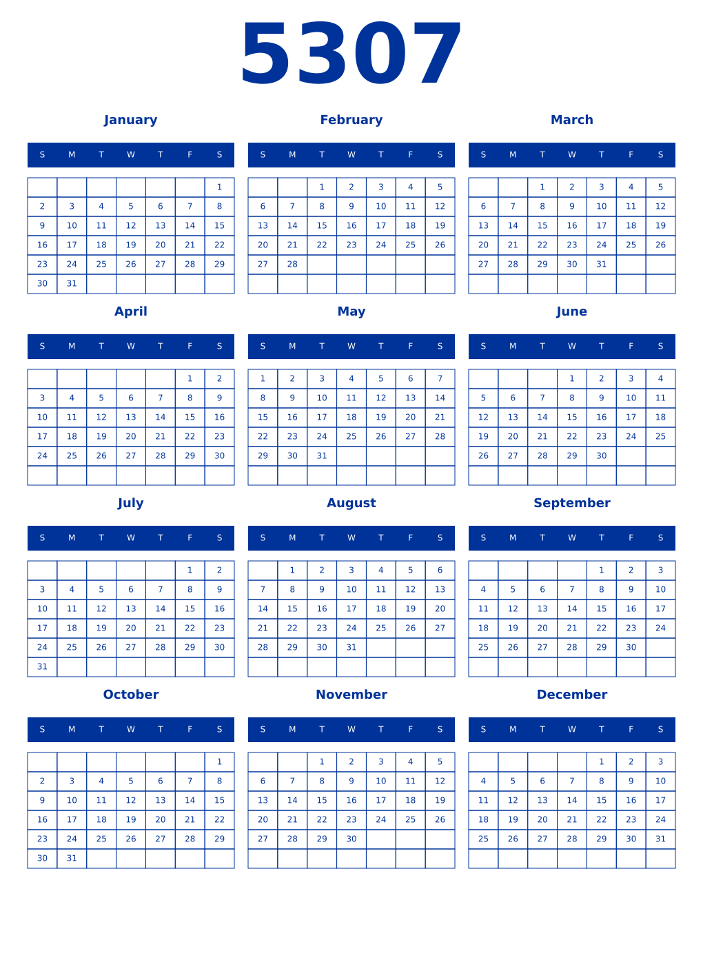 Printable 5307 Year Calendars smalt