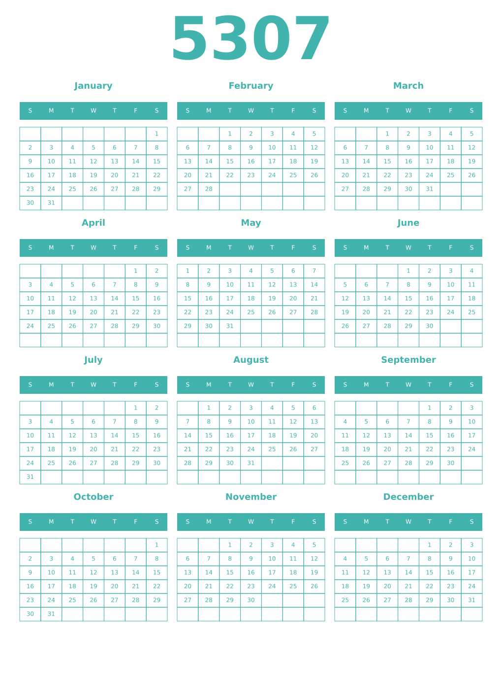 Printable 5307 Year Calendars verdigris