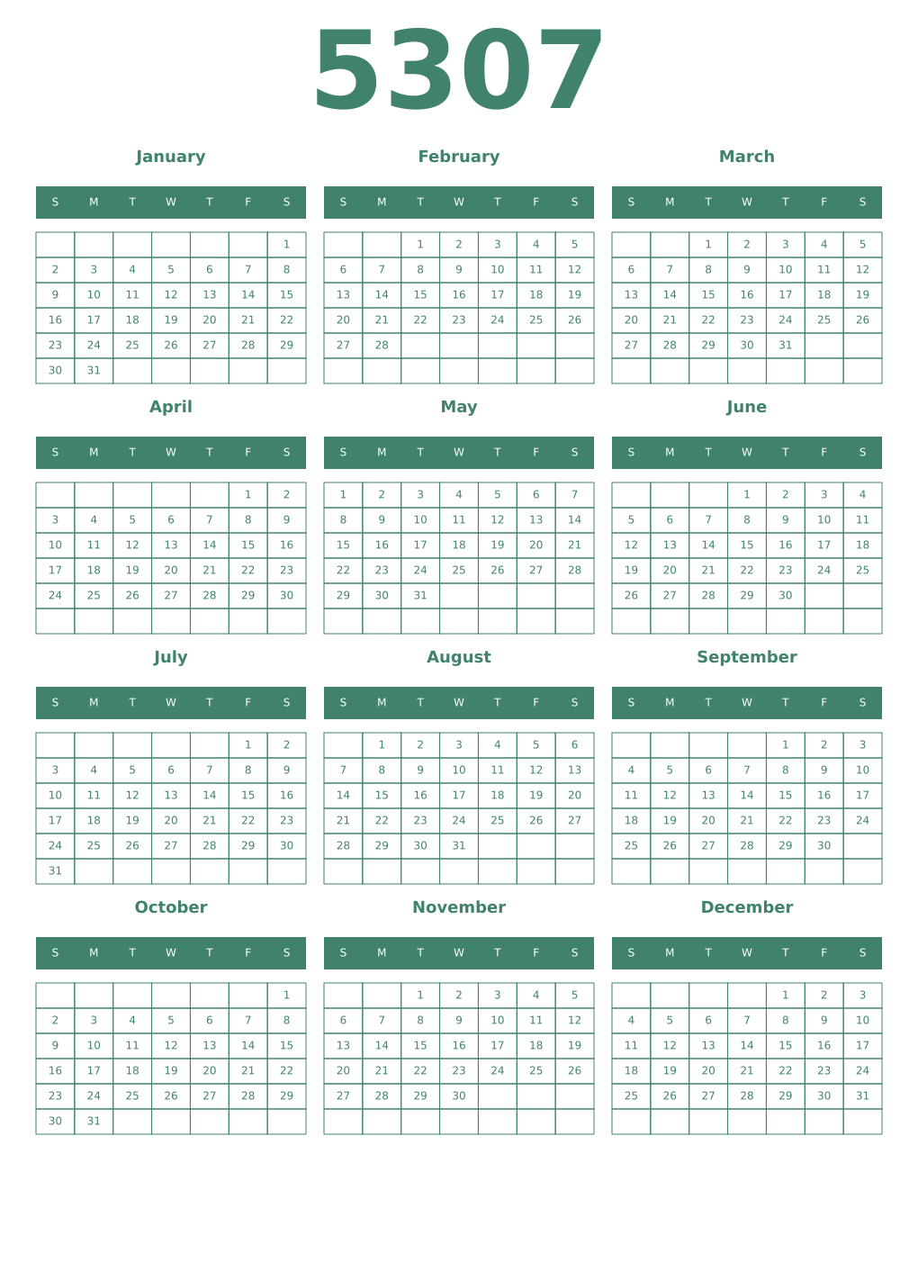 Printable 5307 Year Calendars viridian