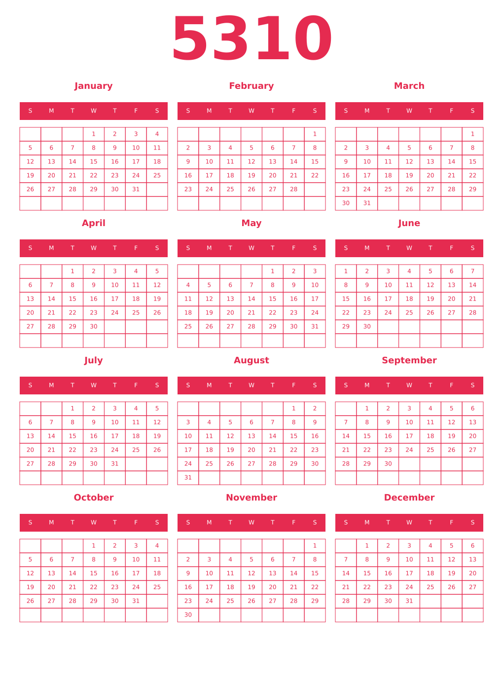 Printable 5310 Year Calendars amaranth