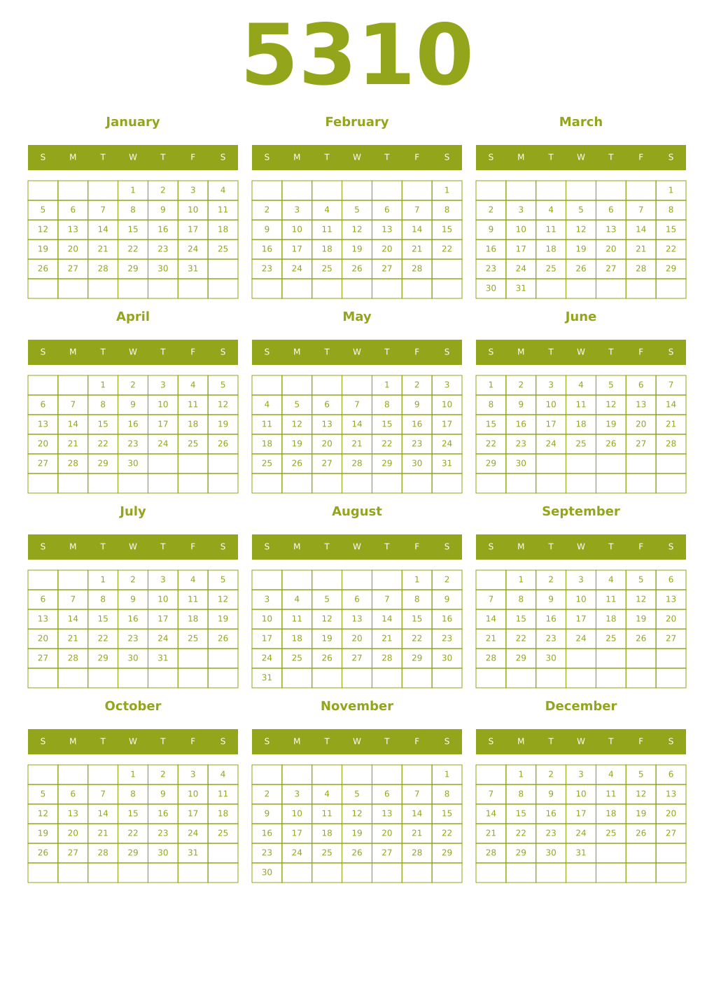 Printable 5310 Year Calendars chartreuse