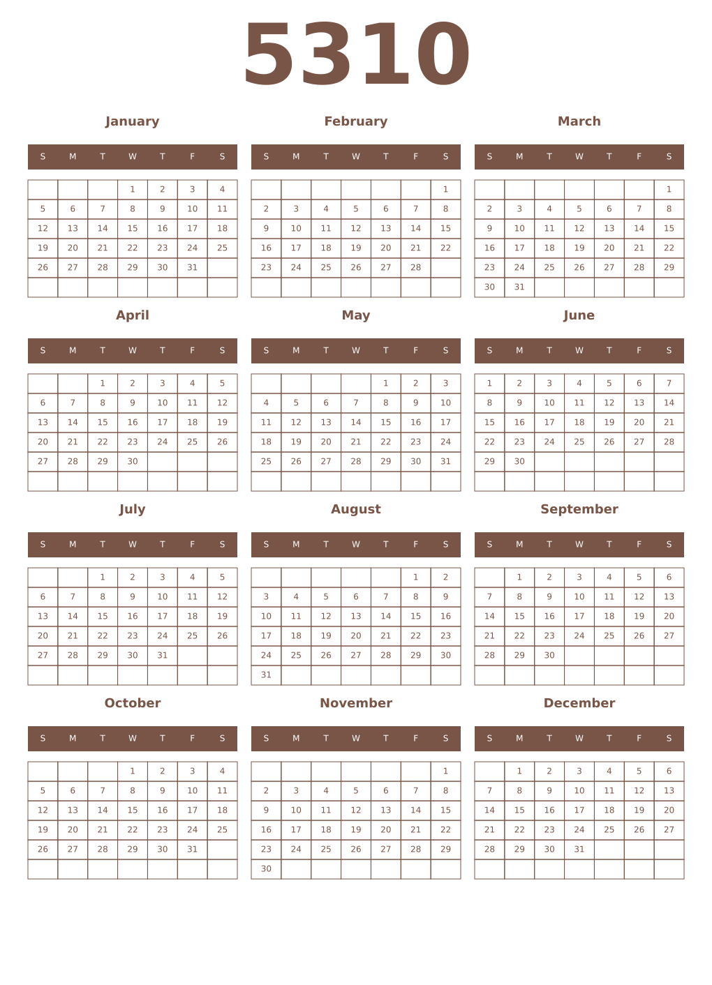 Printable 5310 Year Calendars coffe