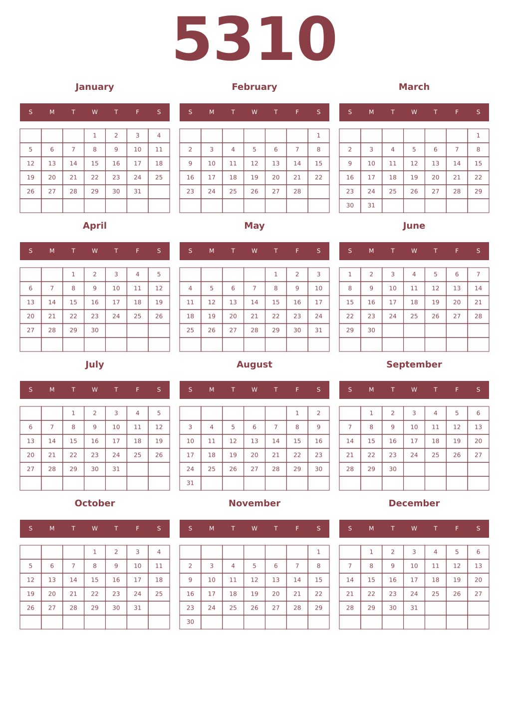 Printable 5310 Year Calendars cordovan