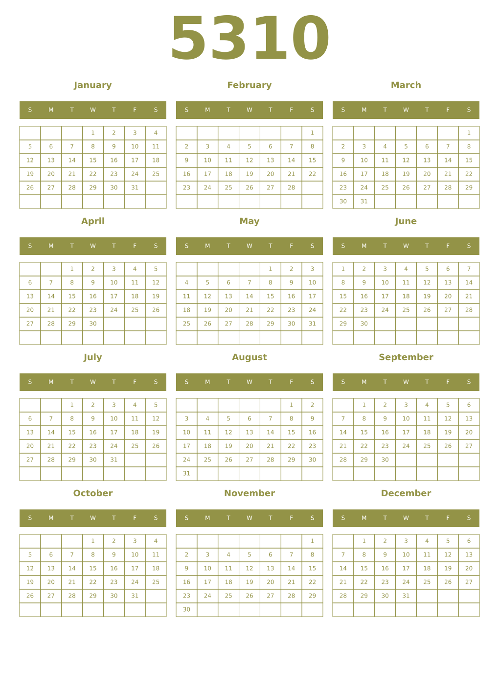 Printable 5310 Year Calendars eburnean