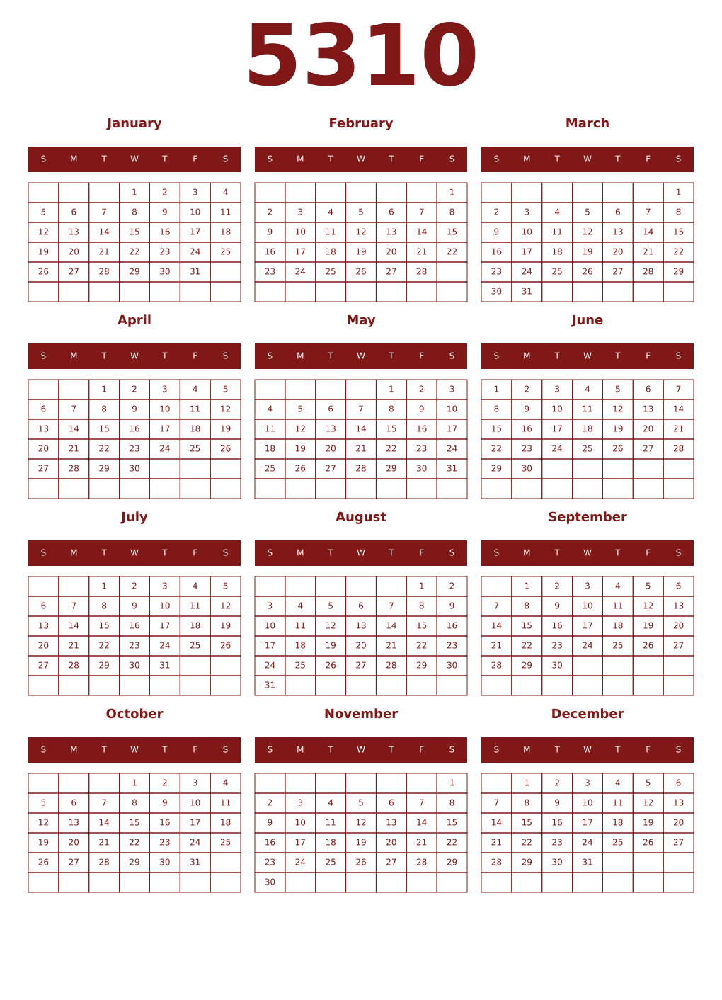 Printable 5310 Year Calendars falu