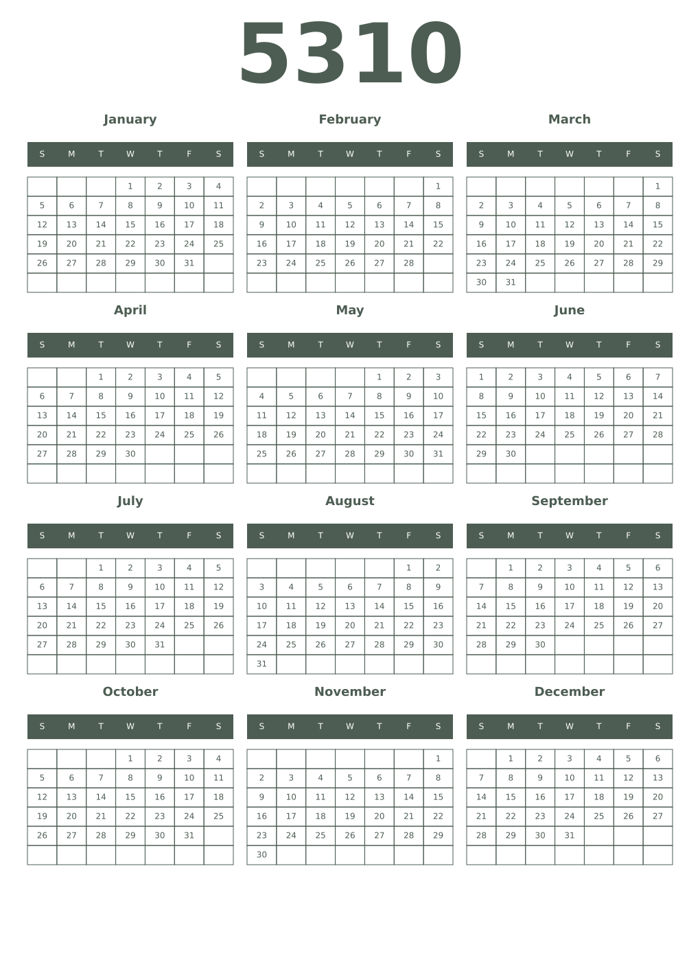 Printable 5310 Year Calendars feldgrau