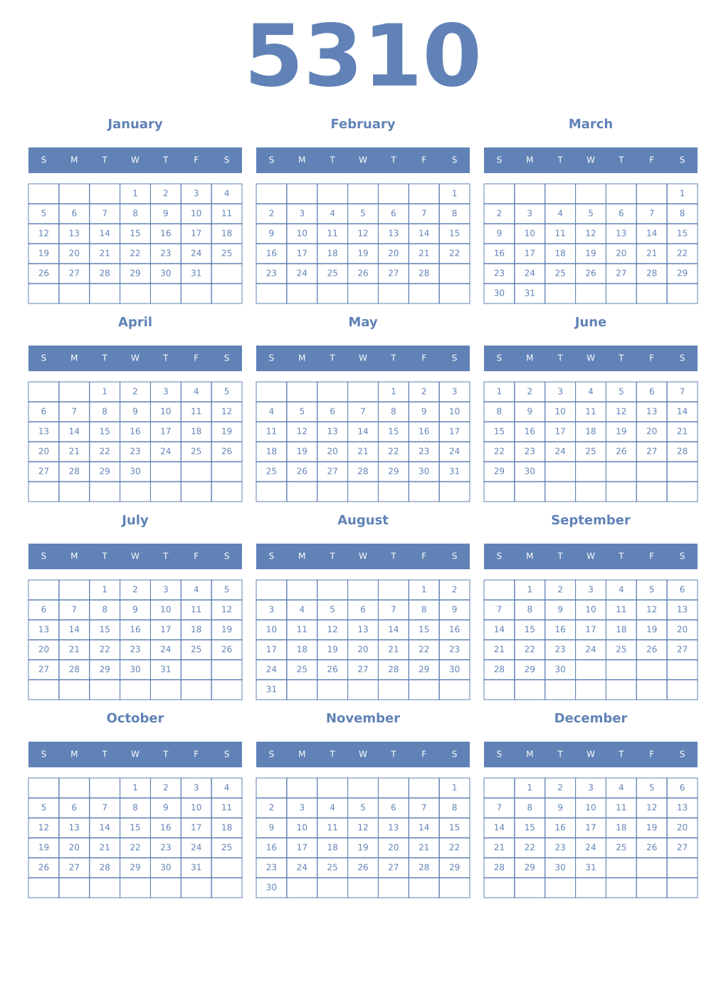 Printable 5310 Year Calendars glaucous