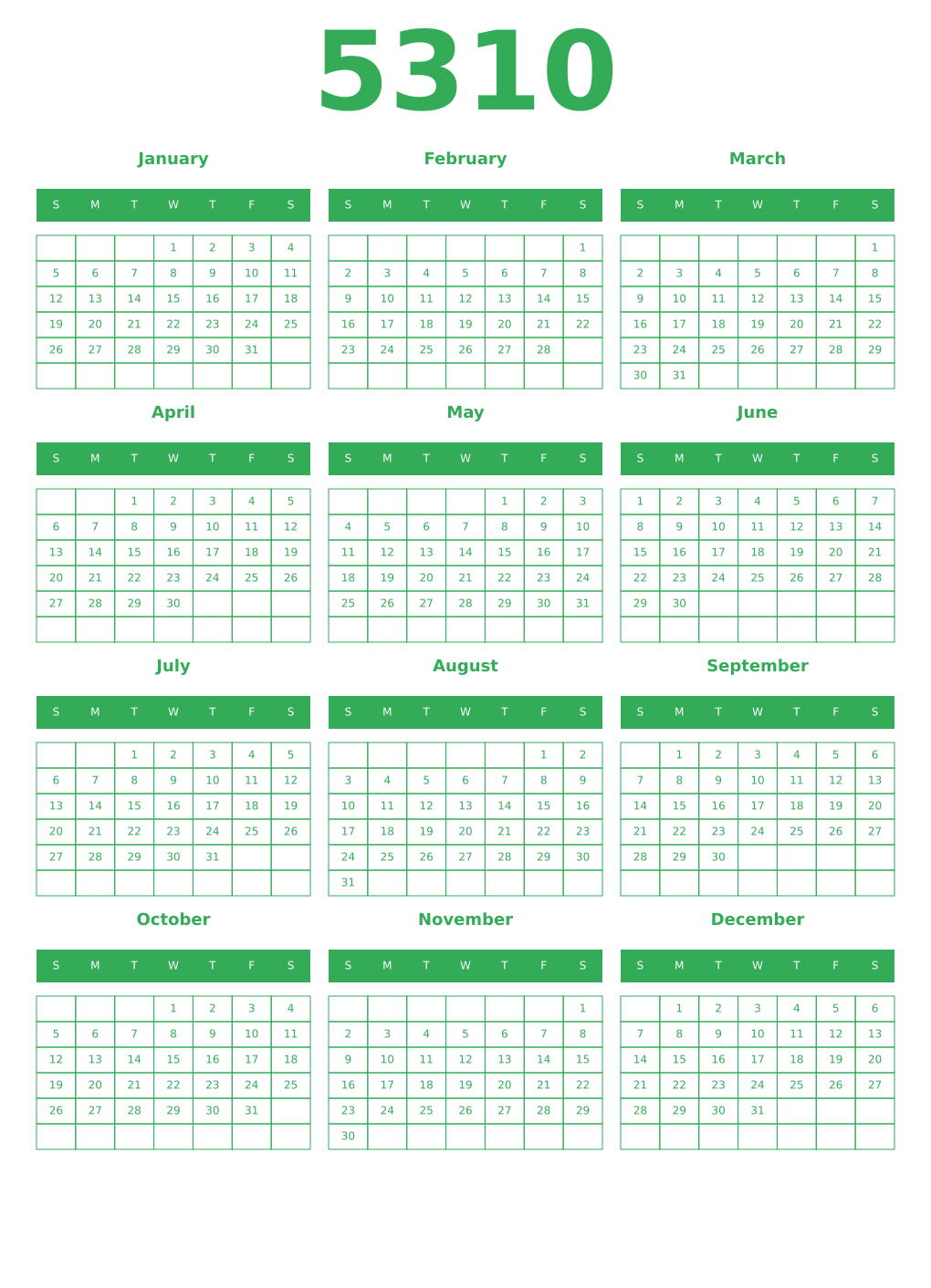 Printable 5310 Year Calendars green