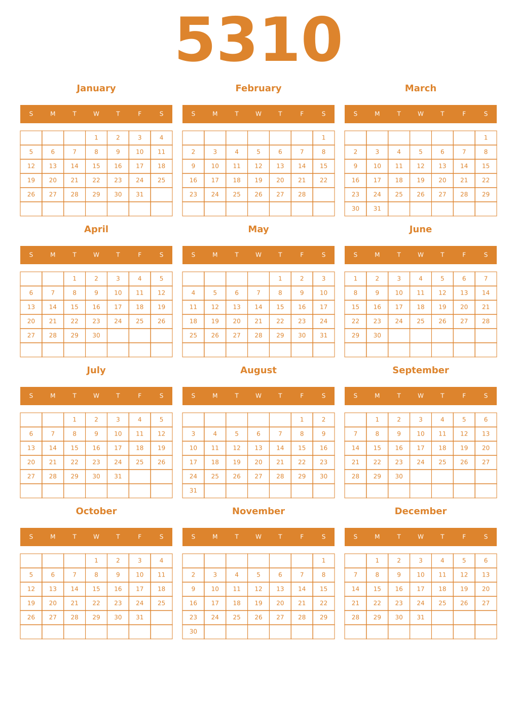 Printable 5310 Year Calendars orange
