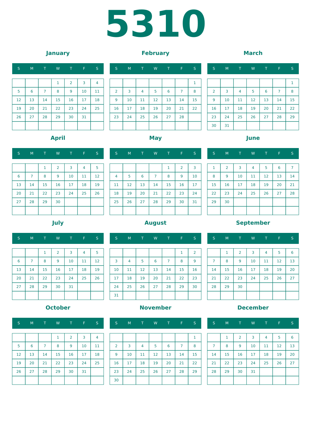 Printable 5310 Year Calendars pastel