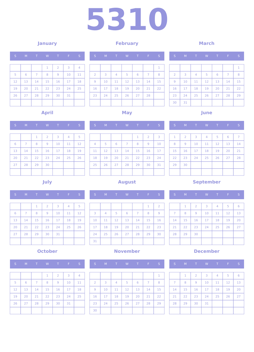 Printable 5310 Year Calendars periwinkle