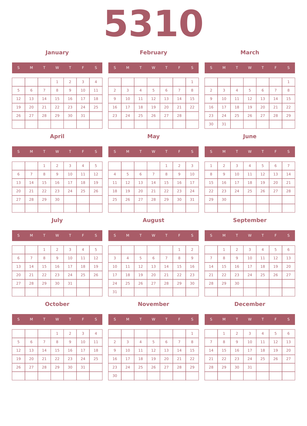 Printable 5310 Year Calendars puce