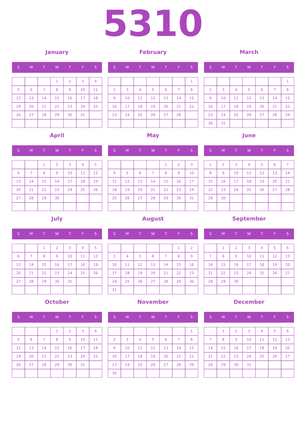Printable 5310 Year Calendars purple