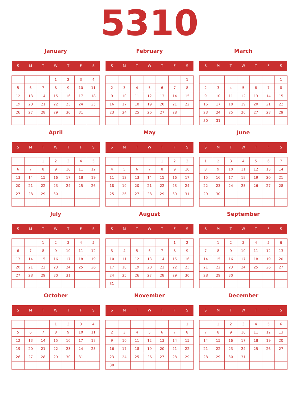Printable 5310 Year Calendars red