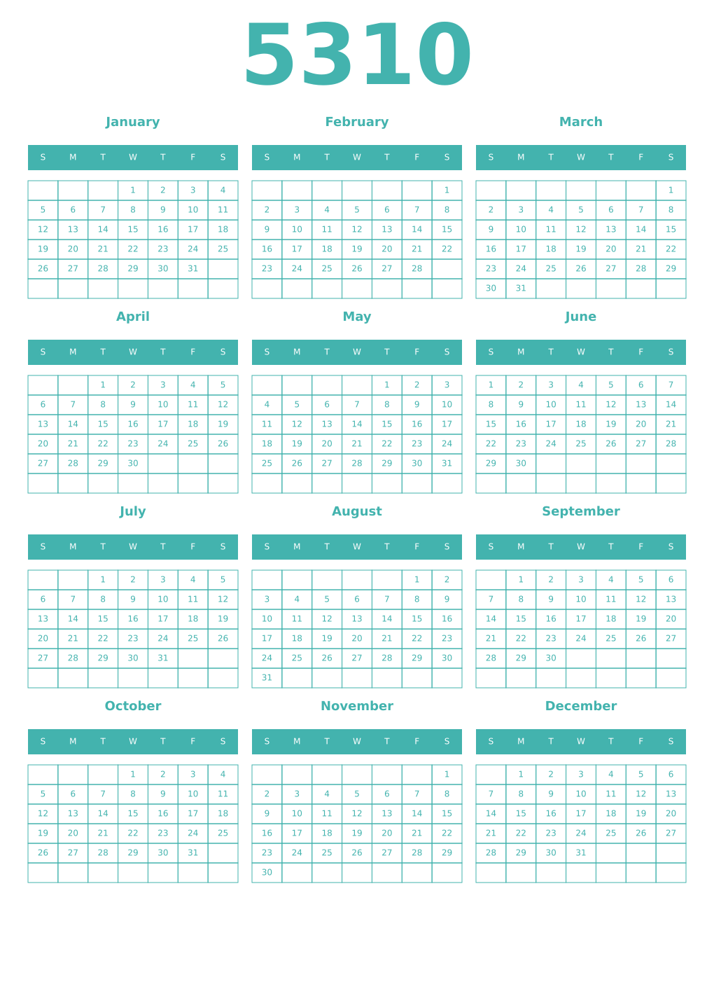 Printable 5310 Year Calendars verdigris