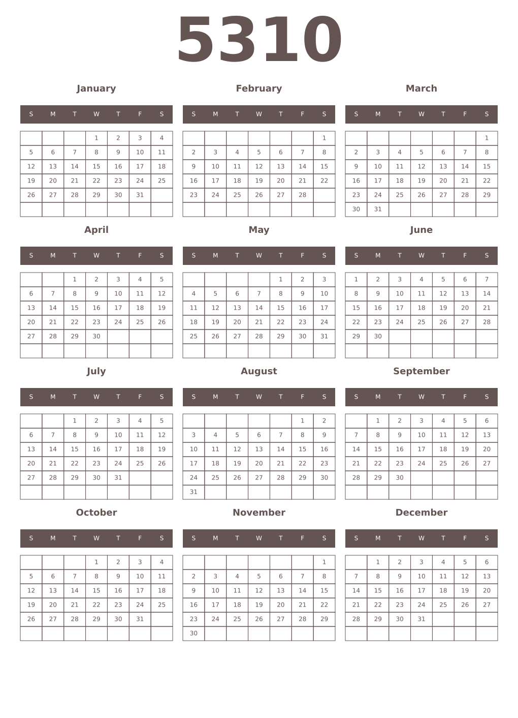 Printable 5310 Year Calendars wenge