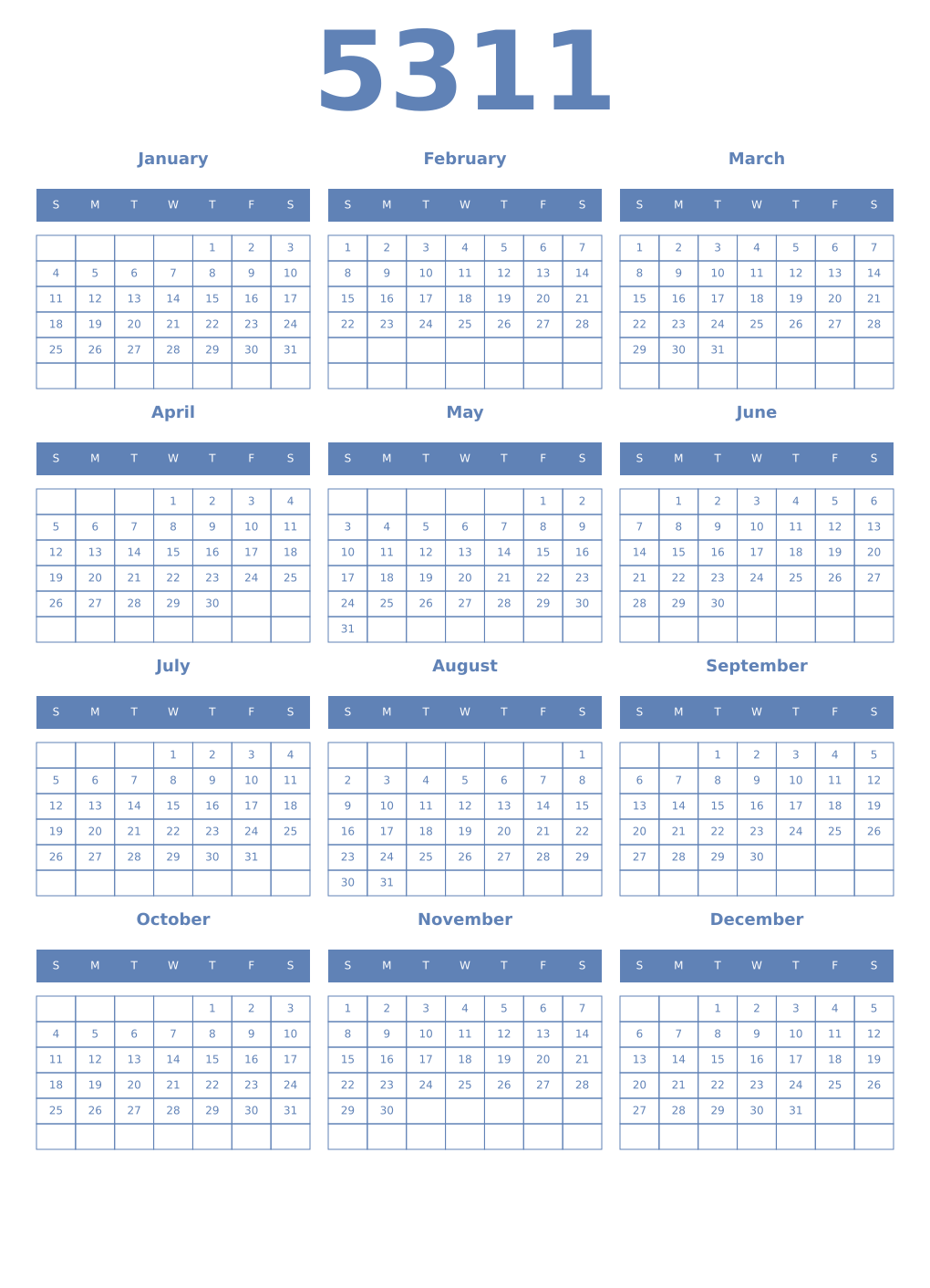 Printable 5311 Year Calendars glaucous