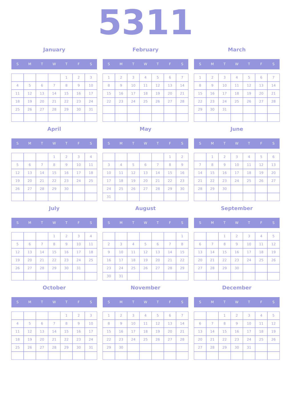 Printable 5311 Year Calendars periwinkle