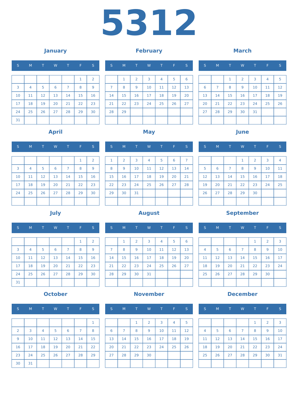 Printable 5312 Year Calendars blue