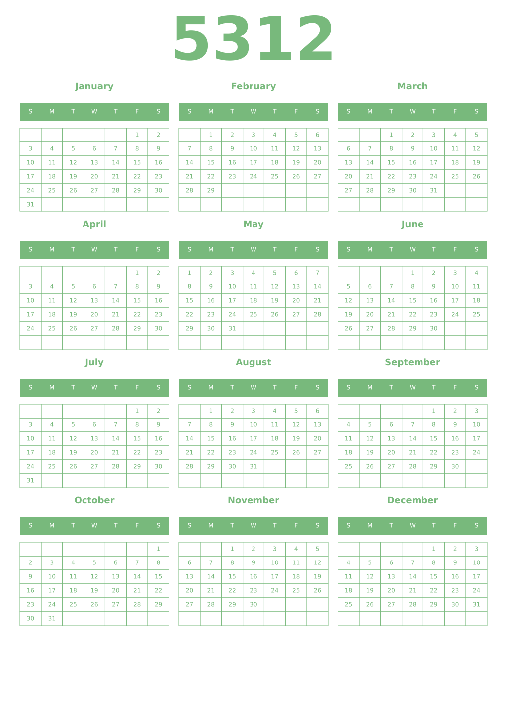 Printable 5312 Year Calendars celadon