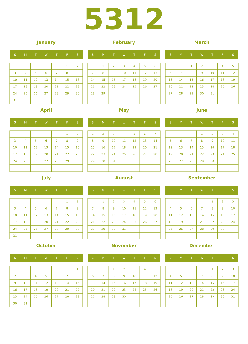 Printable 5312 Year Calendars chartreuse
