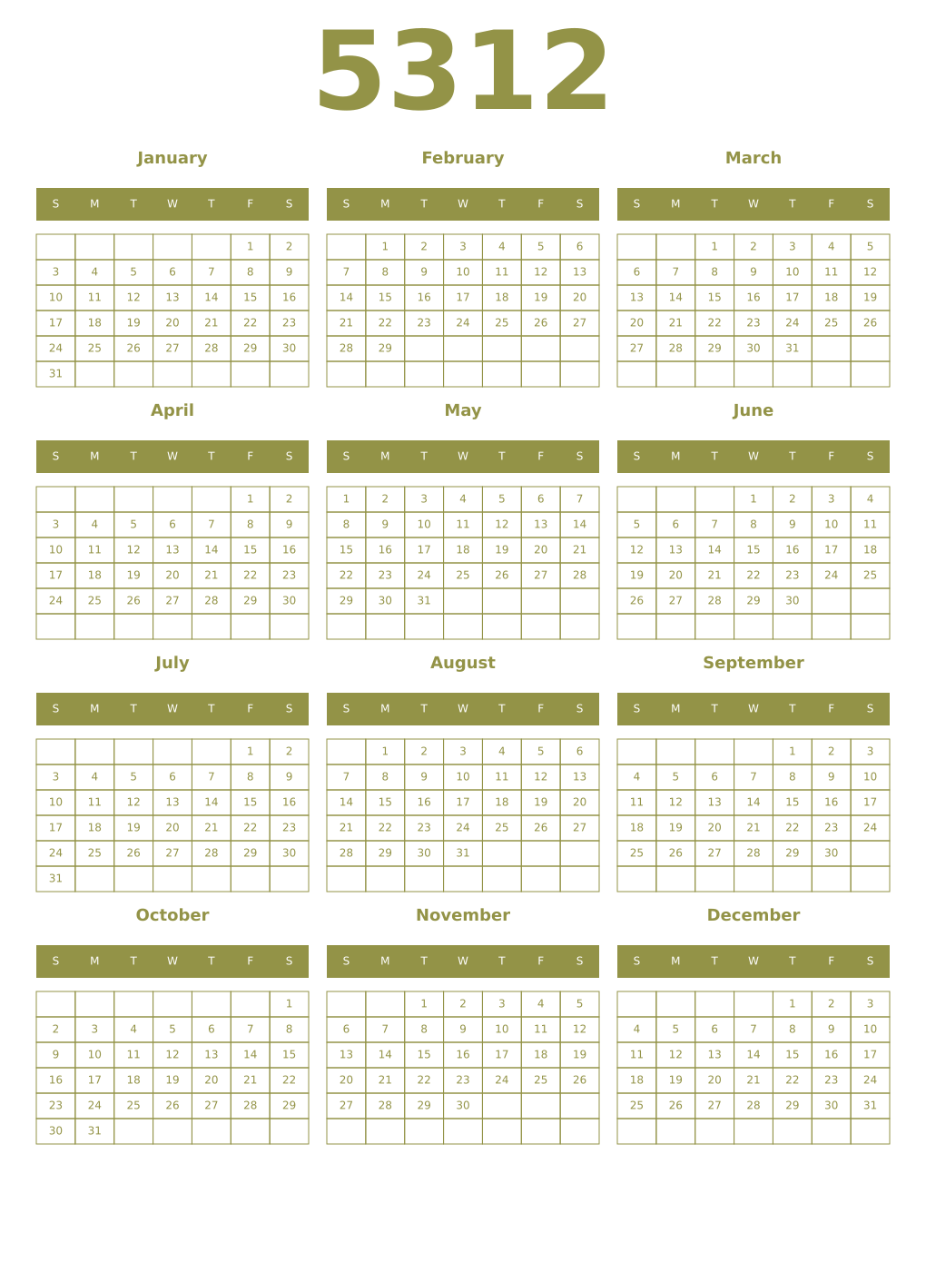 Printable 5312 Year Calendars eburnean