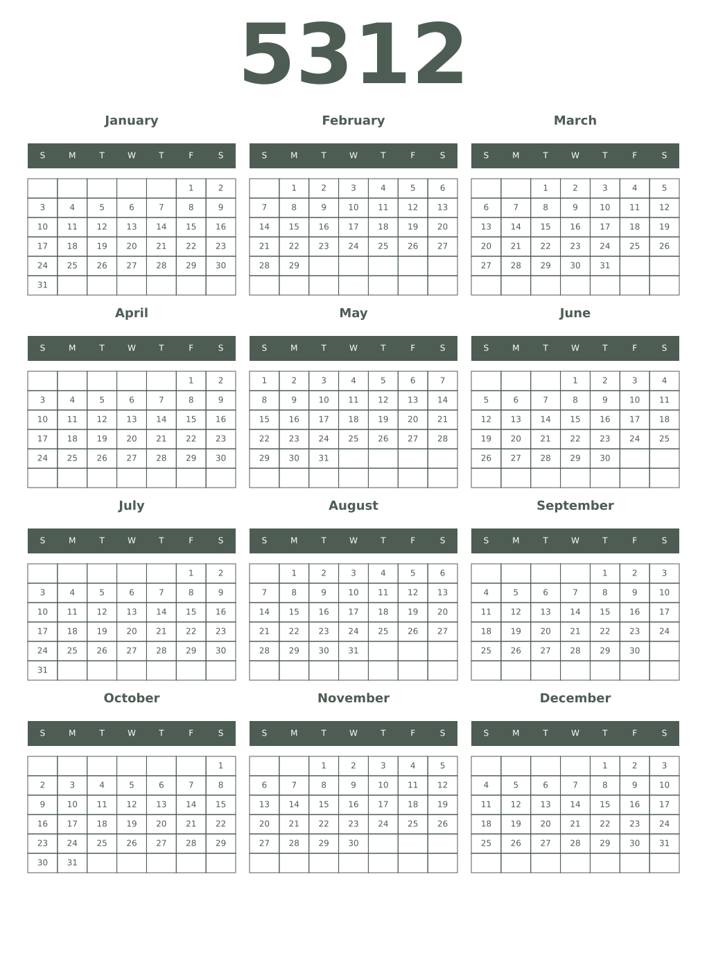 Printable 5312 Year Calendars feldgrau