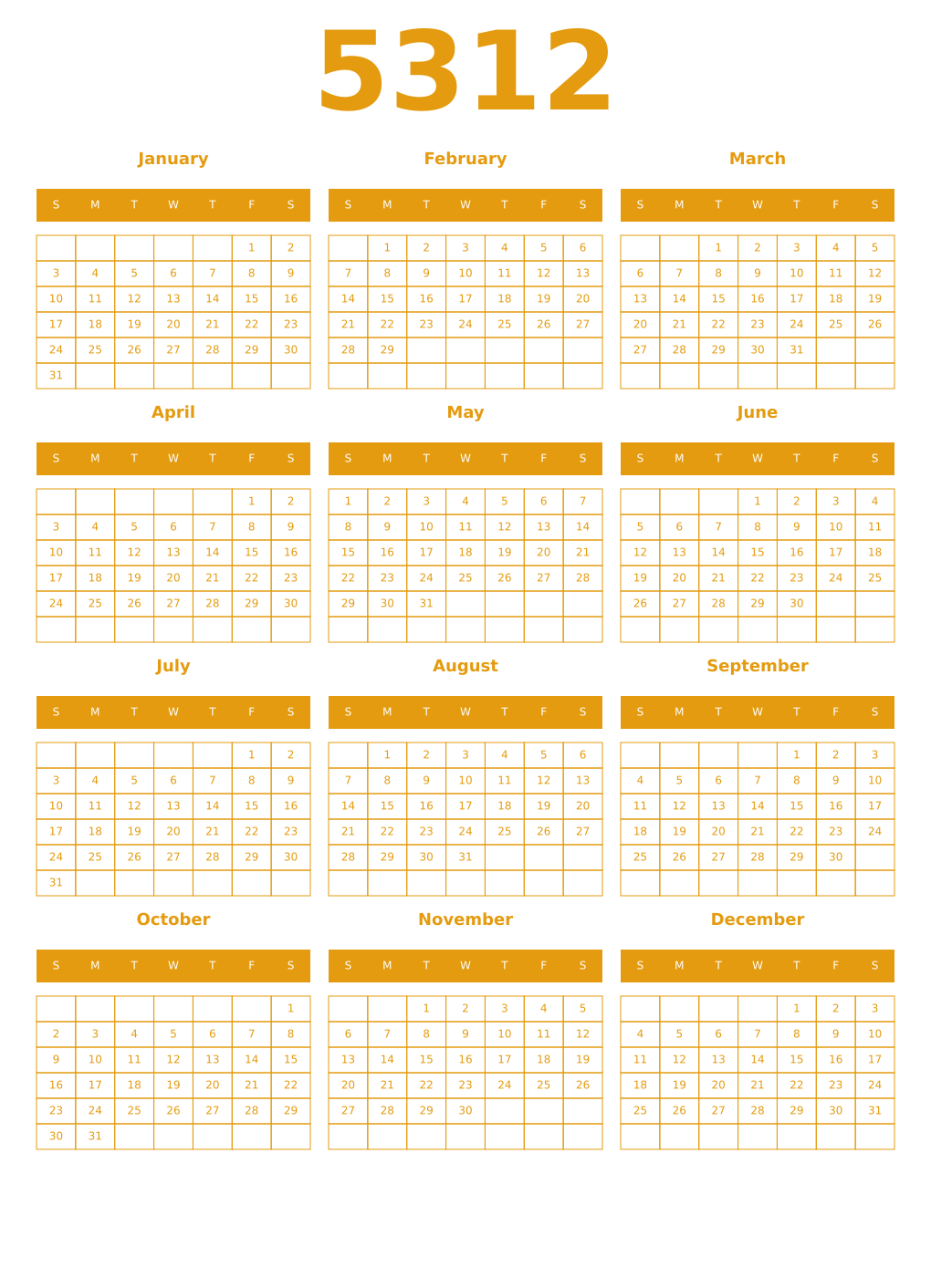 Printable 5312 Year Calendars gamboge